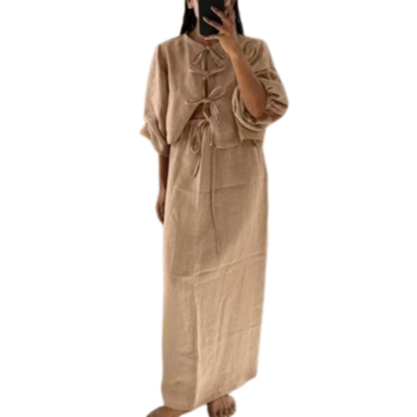 Hesaco Linen Set for Women - 2 Piece Outfits Long Sleeve Tie Front Tops Linen Skirt Linen Tops for Women Going Out Tops