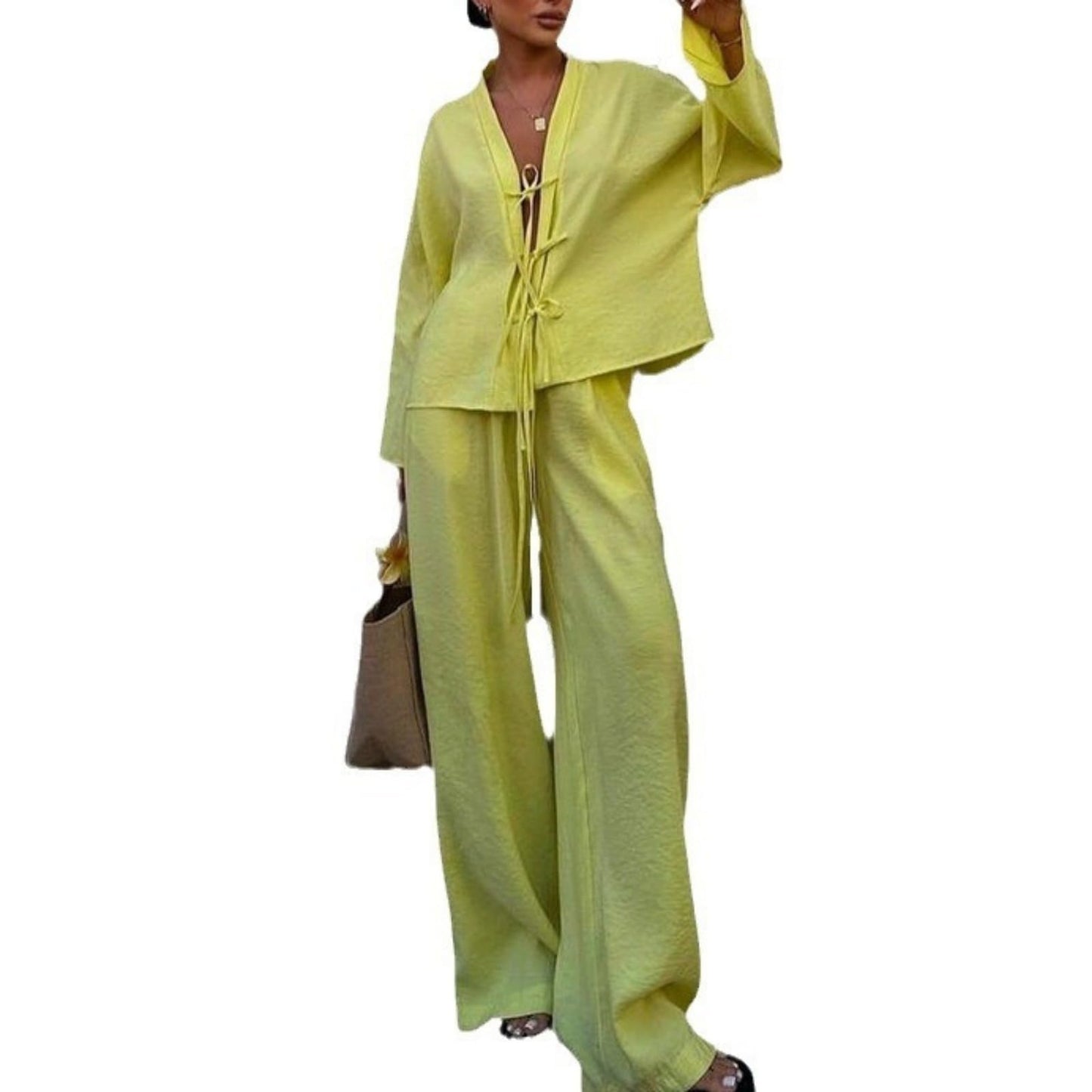 Hesaco Pants and Top Set for Women 2 Piece Outfits Fall Clothes Long Sleeve Tie Front Tops Wide Leg Pants Set Going Out Tops
