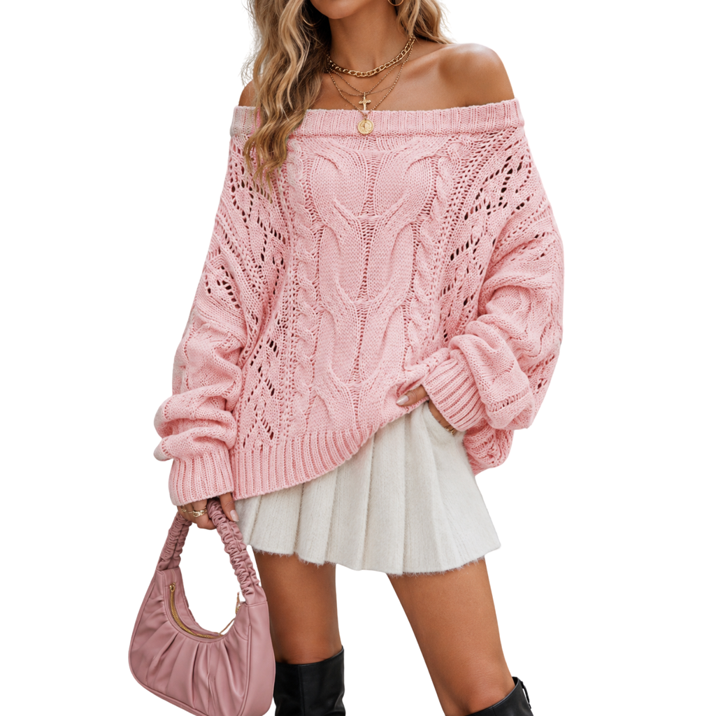 Oversized Off Shoulder Sweater Women Cable Knit Chunky Sweater Top