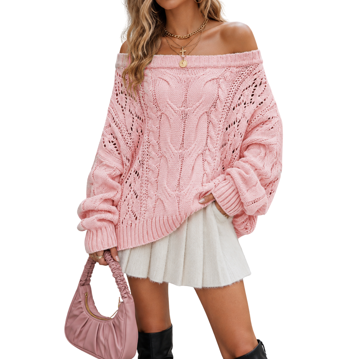 Oversized Off Shoulder Sweater Women Cable Knit Chunky Sweater Top