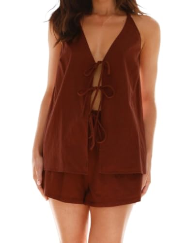 Hesaco Linen Set for Women - 2 Piece Suits Set Tie Front Top Linen Vest Going Out Tops