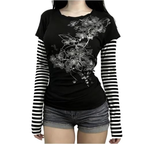 Hesaco Womens Y2k Grunge Teen Girls Tee 2000s Clothes Long Sleeve Emo Goth Top Vintage Graphic Tees