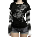 Hesaco Womens Y2k Grunge Teen Girls Tee 2000s Clothes Long Sleeve Emo Goth Top Vintage Graphic Tees