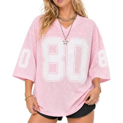 Hesaco Womens Graphic Tees - Oversized Jersey Summer Top Jersey Top Coquette Clothes Y2k Streetwear Short Sleeve Shirts