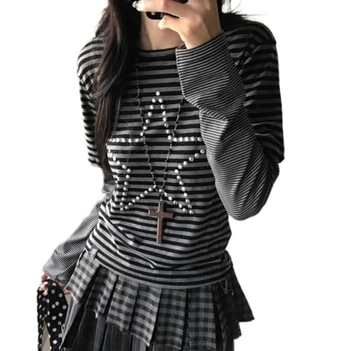 Hesaco Womens Y2k Grunge Teen Girls Tee 2000s Clothes Long Sleeve Emo Goth Top Vintage Graphic Tees