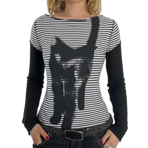 Hesaco Womens Y2k Grunge Teen Girls Tee 2000s Clothes Long Sleeve Emo Goth Top Vintage Graphic Tees