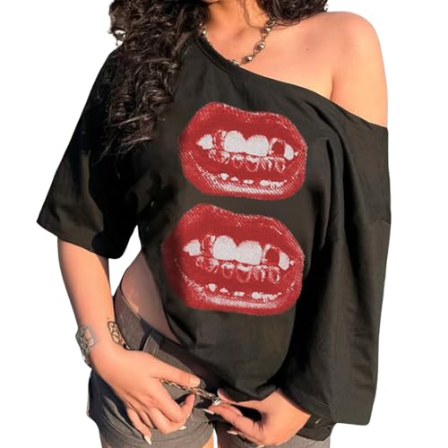 Off The Shoulder Cute Shirts Lip Print Tops