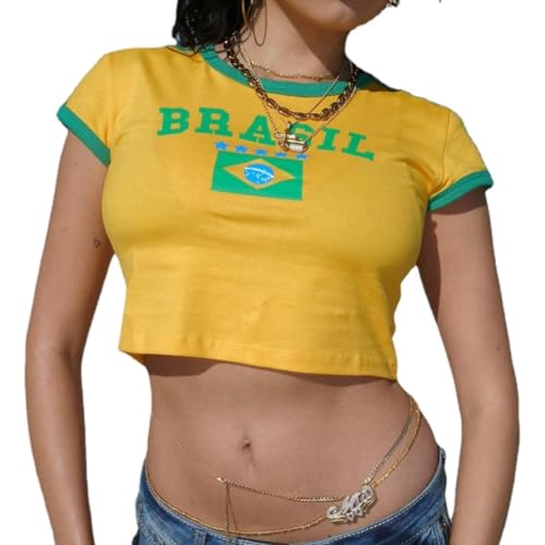 Hesaco Brazil Baby Tees Vintage Baby Tees for Women Brazil Shirt Y2k Tops Mexico Crop Top Jersey 2000s Summer Going Out Tops