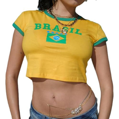 Hesaco Brazil Baby Tees Vintage Baby Tees for Women Brazil Shirt Y2k Tops Mexico Crop Top Jersey 2000s Summer Going Out Tops