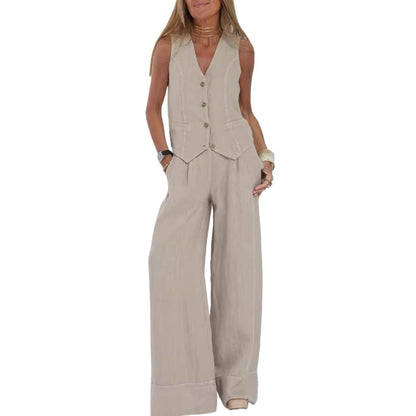 Hesaco Linen Set for Women - 2 Piece Outfits Button Down V Neck Sleeveless Top High Waisted Wide Leg Pants Matching Set