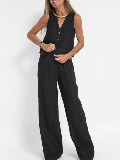 Hesaco Linen Set for Women - 2 Piece Outfits Button Down V Neck Sleeveless Top High Waisted Wide Leg Pants Matching Set