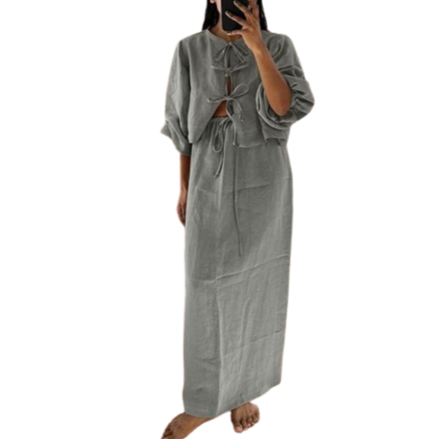 Hesaco Linen Set for Women - 2 Piece Outfits Long Sleeve Tie Front Tops Linen Skirt Linen Tops for Women Going Out Tops