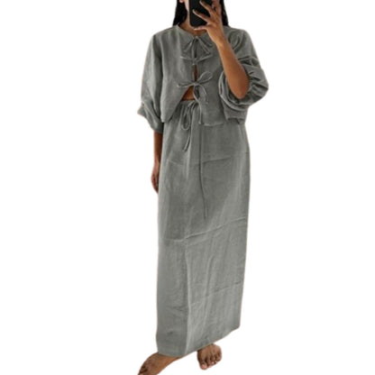 Hesaco Linen Set for Women - 2 Piece Outfits Long Sleeve Tie Front Tops Linen Skirt Linen Tops for Women Going Out Tops