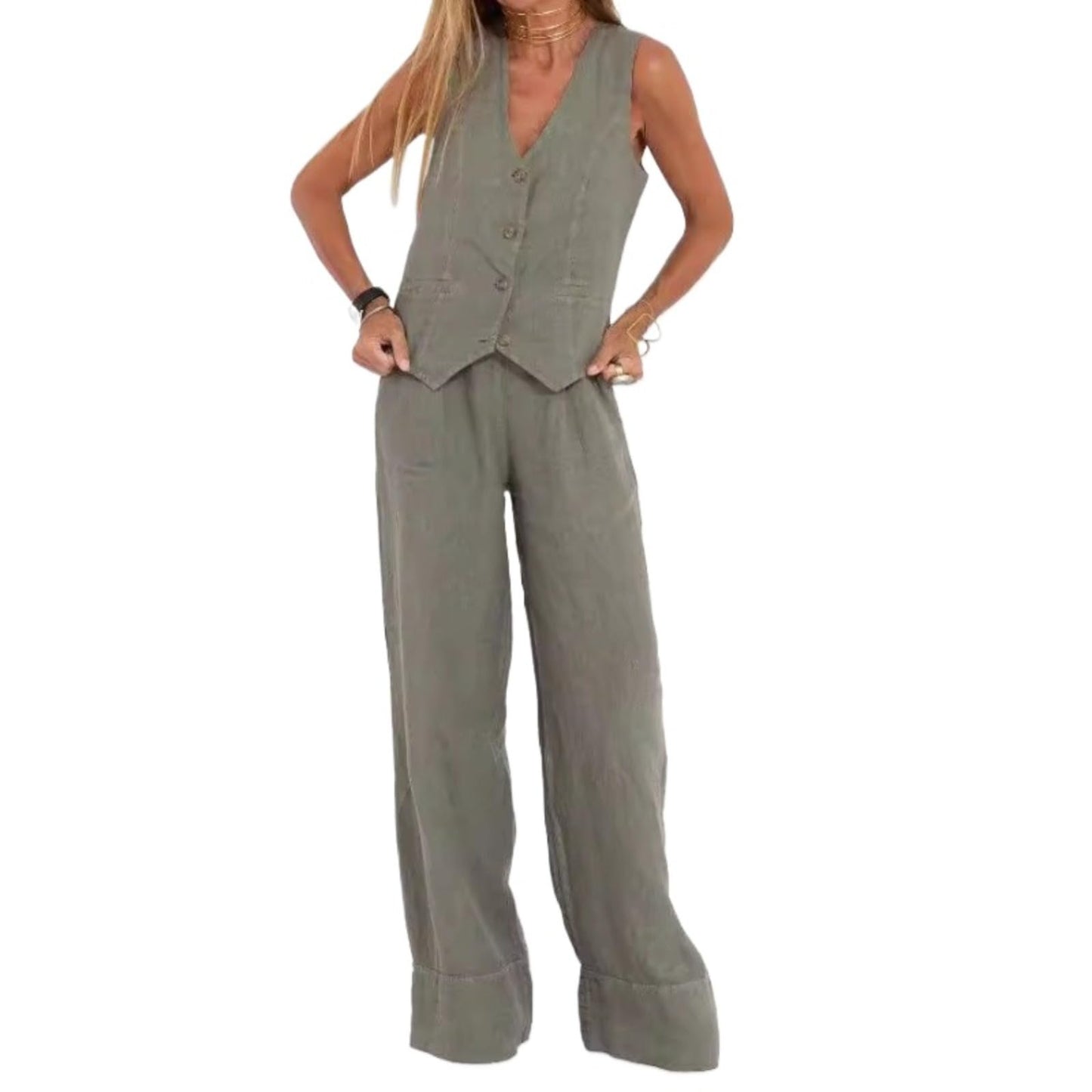 Hesaco Linen Set for Women - 2 Piece Outfits Button Down V Neck Sleeveless Top High Waisted Wide Leg Pants Matching Set