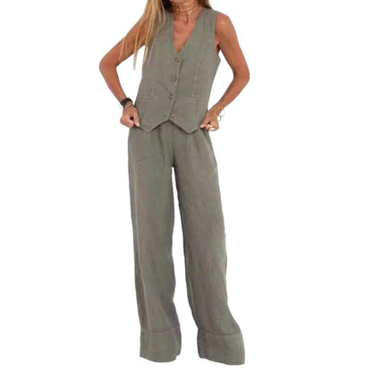 Hesaco Linen Set for Women - 2 Piece Outfits Button Down V Neck Sleeveless Top High Waisted Wide Leg Pants Matching Set