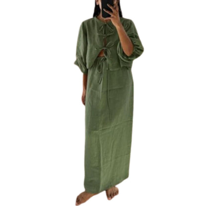Hesaco Linen Set for Women - 2 Piece Outfits Long Sleeve Tie Front Tops Linen Skirt Linen Tops for Women Going Out Tops