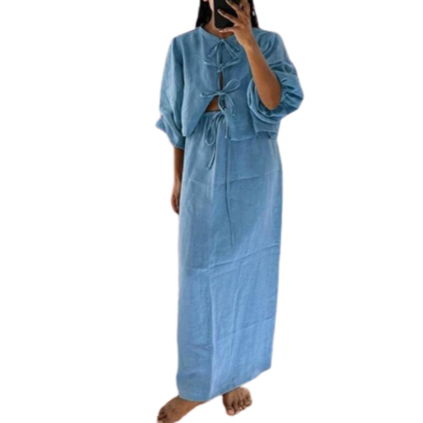 Hesaco Linen Set for Women - 2 Piece Outfits Long Sleeve Tie Front Tops Linen Skirt Linen Tops for Women Going Out Tops