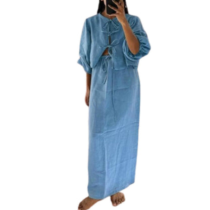 Hesaco Linen Set for Women - 2 Piece Outfits Long Sleeve Tie Front Tops Linen Skirt Linen Tops for Women Going Out Tops