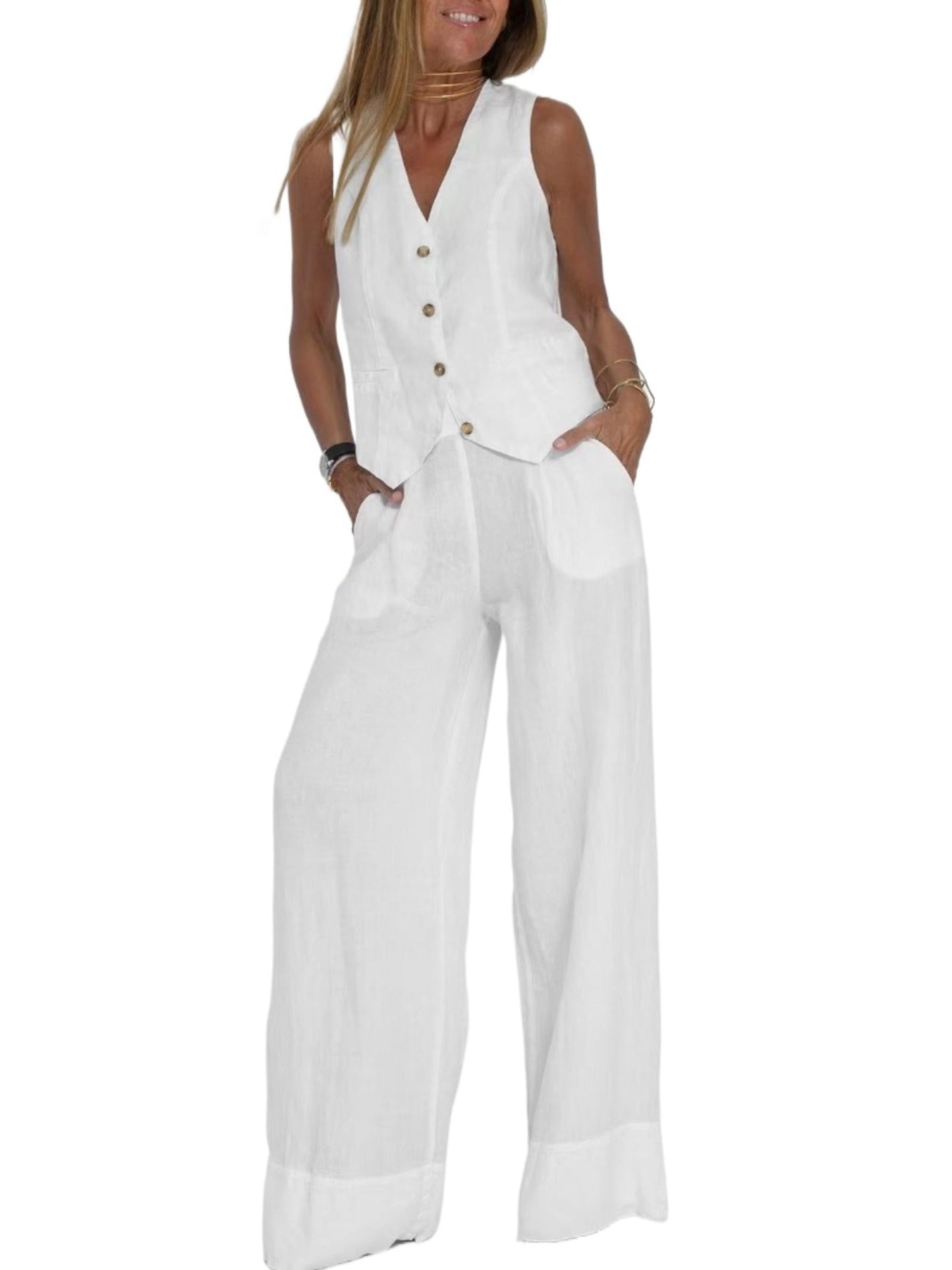 Hesaco Linen Set for Women - 2 Piece Outfits Button Down V Neck Sleeveless Top High Waisted Wide Leg Pants Matching Set
