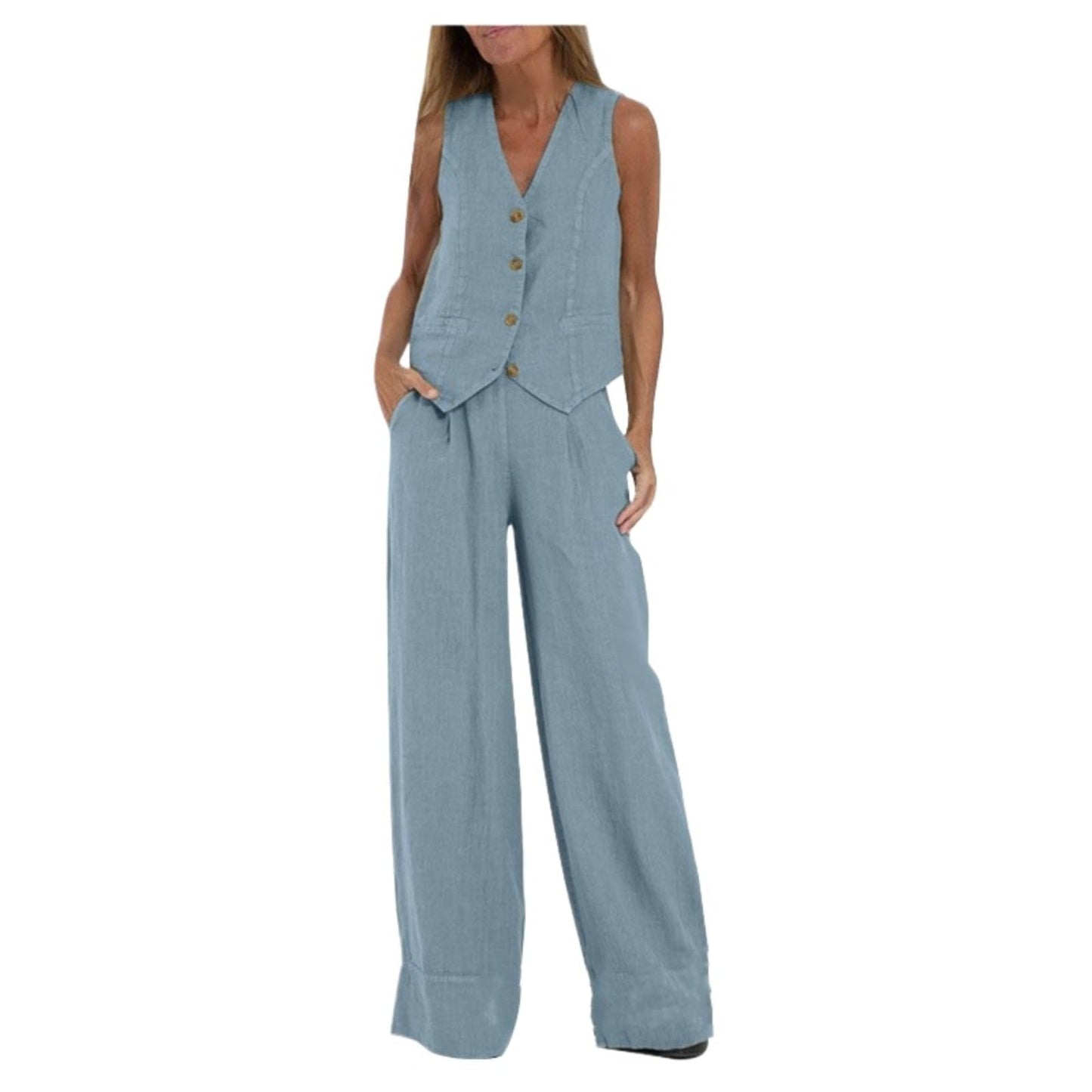 Hesaco Linen Set for Women - 2 Piece Outfits Button Down V Neck Sleeveless Top High Waisted Wide Leg Pants Matching Set