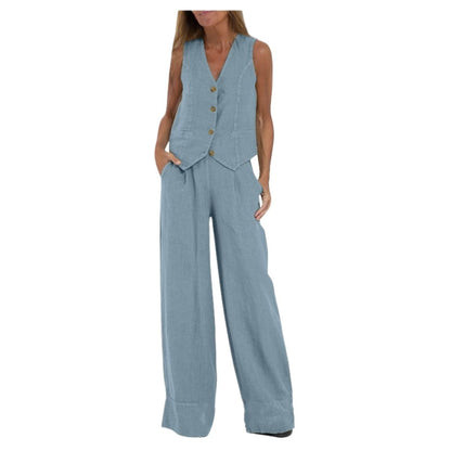Hesaco Linen Set for Women - 2 Piece Outfits Button Down V Neck Sleeveless Top High Waisted Wide Leg Pants Matching Set