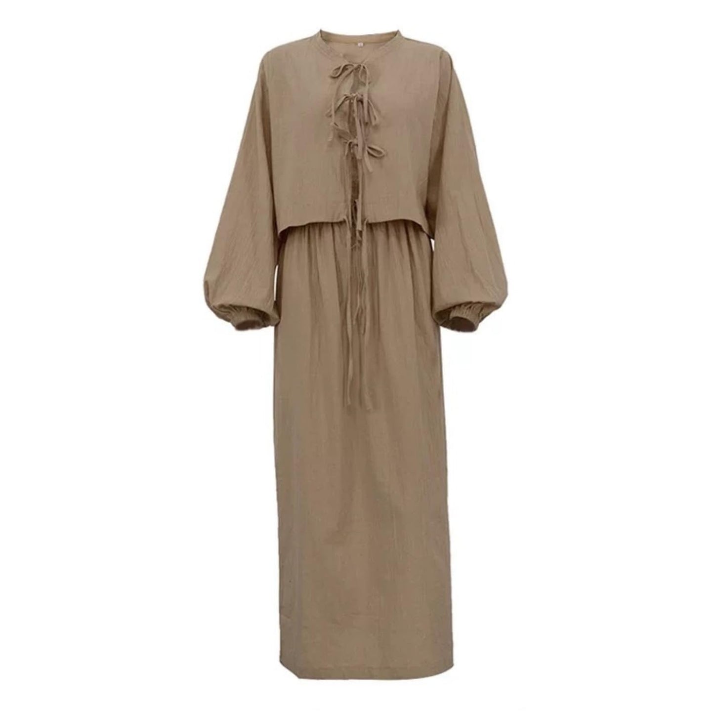 Hesaco Linen Set for Women - 2 Piece Outfits Long Sleeve Tie Front Tops Linen Skirt Linen Tops for Women Going Out Tops