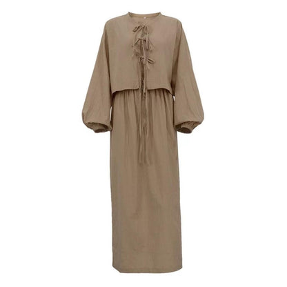 Hesaco Linen Set for Women - 2 Piece Outfits Long Sleeve Tie Front Tops Linen Skirt Linen Tops for Women Going Out Tops