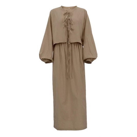 Hesaco Linen Set for Women - 2 Piece Outfits Long Sleeve Tie Front Tops Linen Skirt Linen Tops for Women Going Out Tops