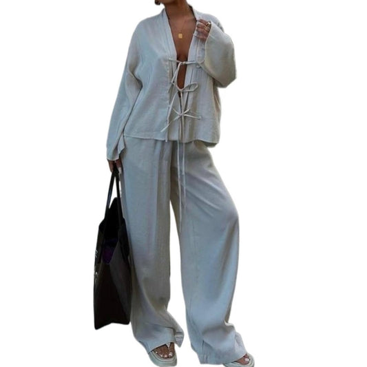 Hesaco Pants and Top Set for Women 2 Piece Outfits Fall Clothes Long Sleeve Tie Front Tops Wide Leg Pants Set Going Out Tops