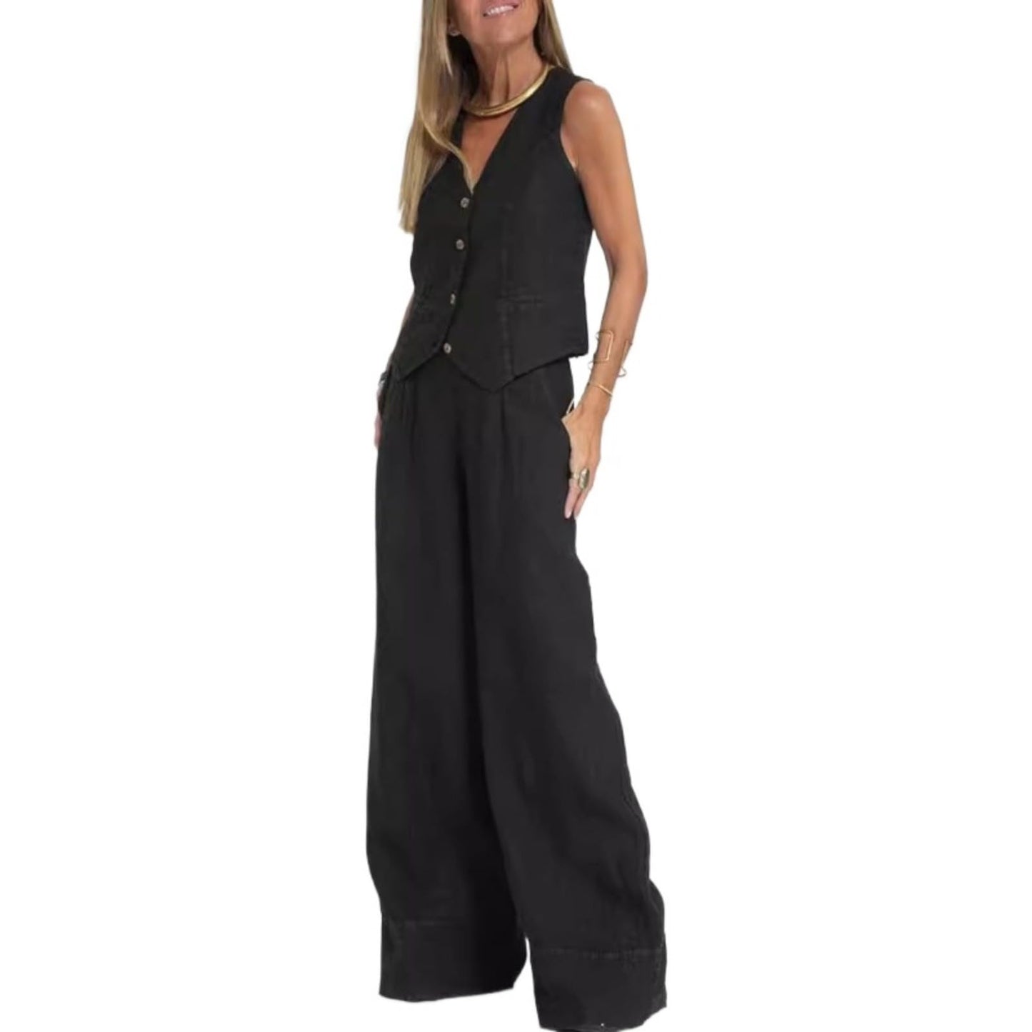Hesaco Linen Set for Women - 2 Piece Outfits Button Down V Neck Sleeveless Top High Waisted Wide Leg Pants Matching Set