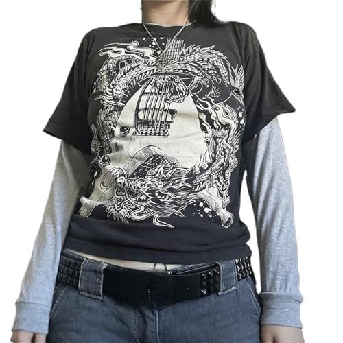 Hesaco Womens Y2k Grunge Teen Girls Tee 2000s Clothes Long Sleeve Emo Goth Top Vintage Graphic Tees
