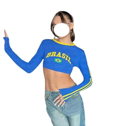Hesaco Brazil Baby Tees Vintage Baby Tees for Women Brazil Shirt Y2k Tops Mexico Crop Top Jersey 2000s Summer Going Out Tops