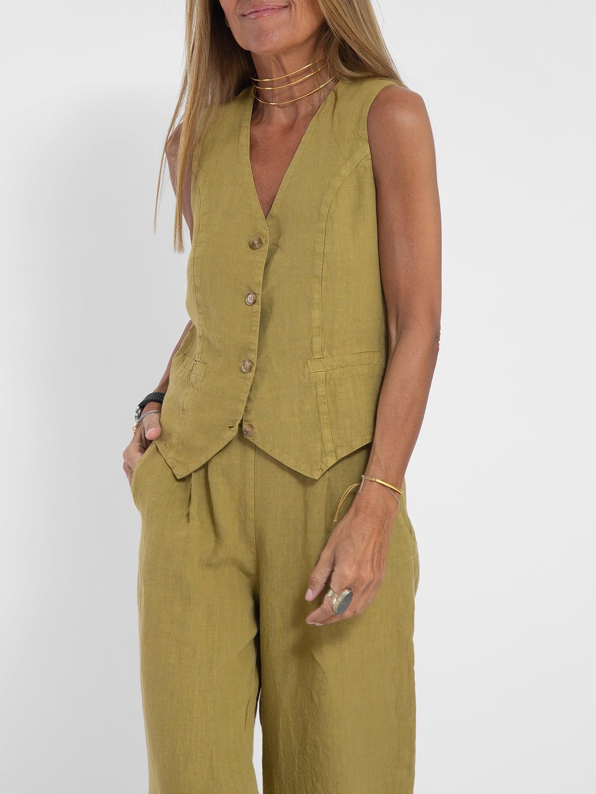 Hesaco Linen Set for Women - 2 Piece Outfits Button Down V Neck Sleeveless Top High Waisted Wide Leg Pants Matching Set