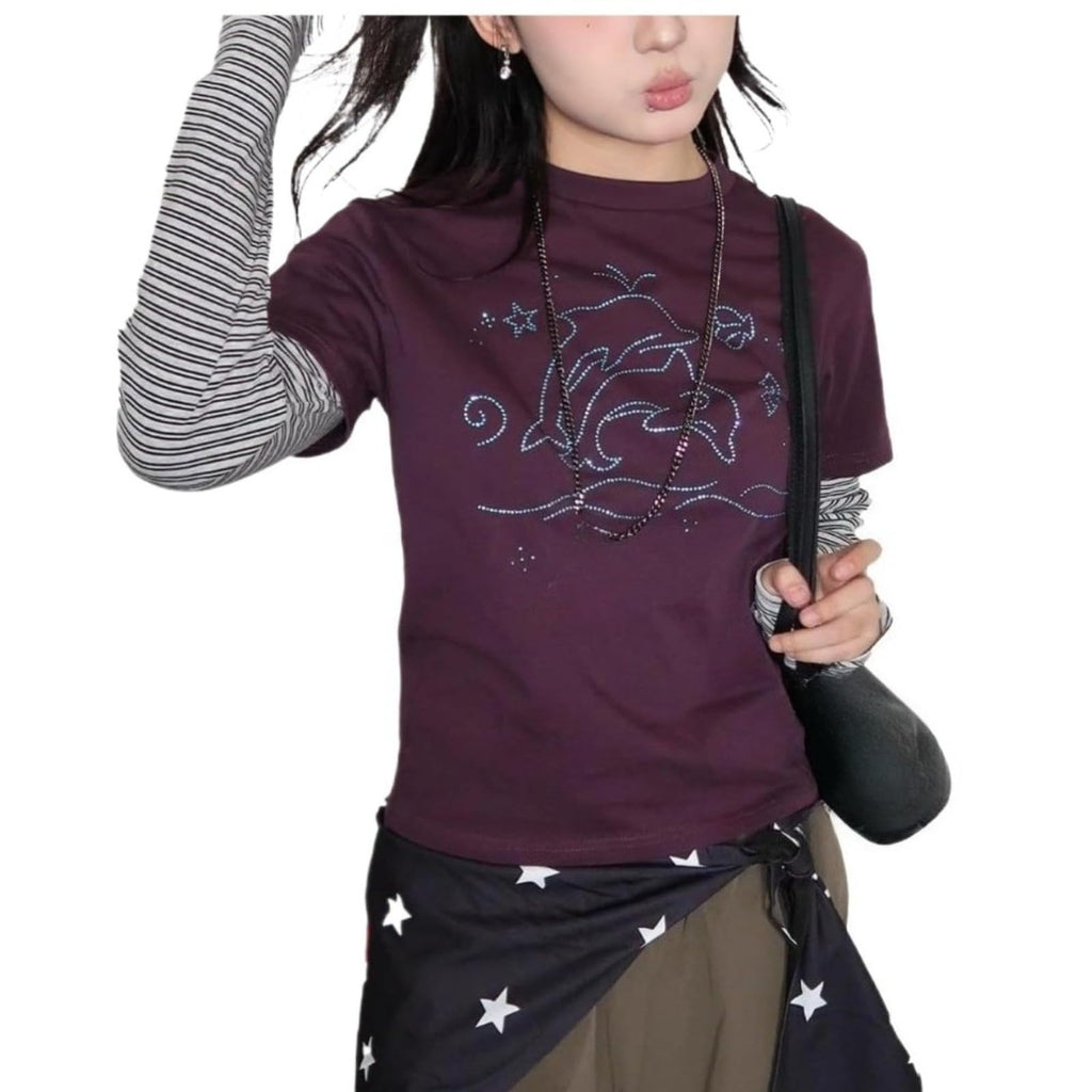 Hesaco Womens Y2k Grunge Teen Girls Tee 2000s Clothes Long Sleeve Emo Goth Top Vintage Graphic Tees