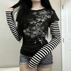 Hesaco Womens Y2k Grunge Teen Girls Tee 2000s Clothes Long Sleeve Emo Goth Top Vintage Graphic Tees