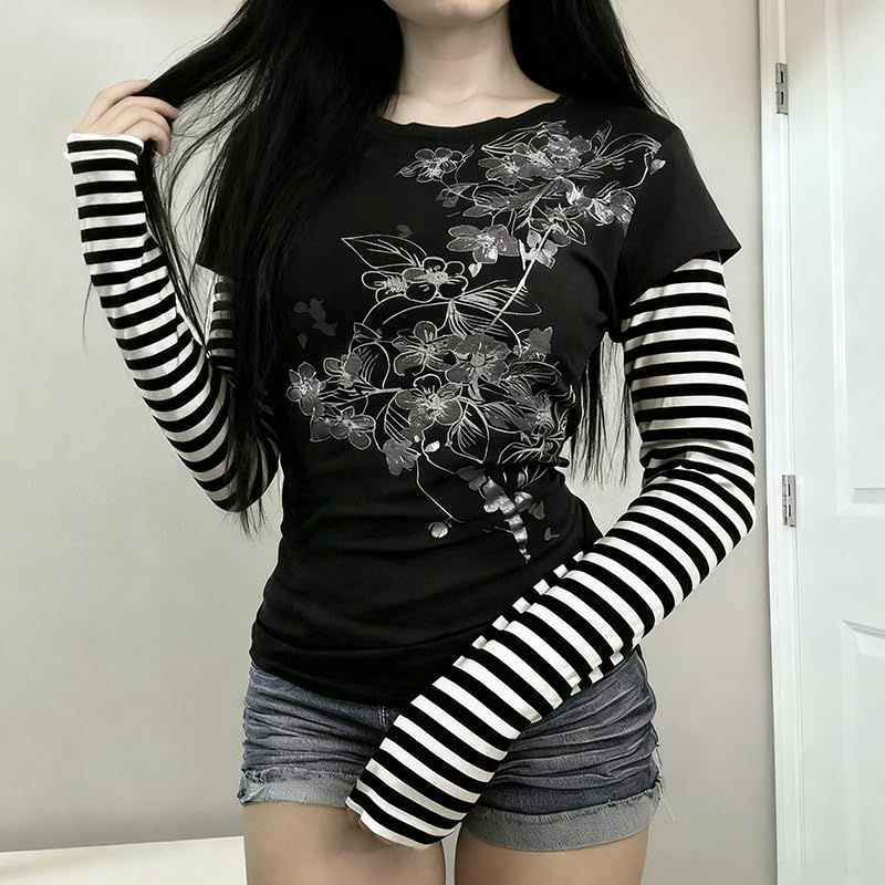 Hesaco Womens Y2k Grunge Teen Girls Tee 2000s Clothes Long Sleeve Emo Goth Top Vintage Graphic Tees