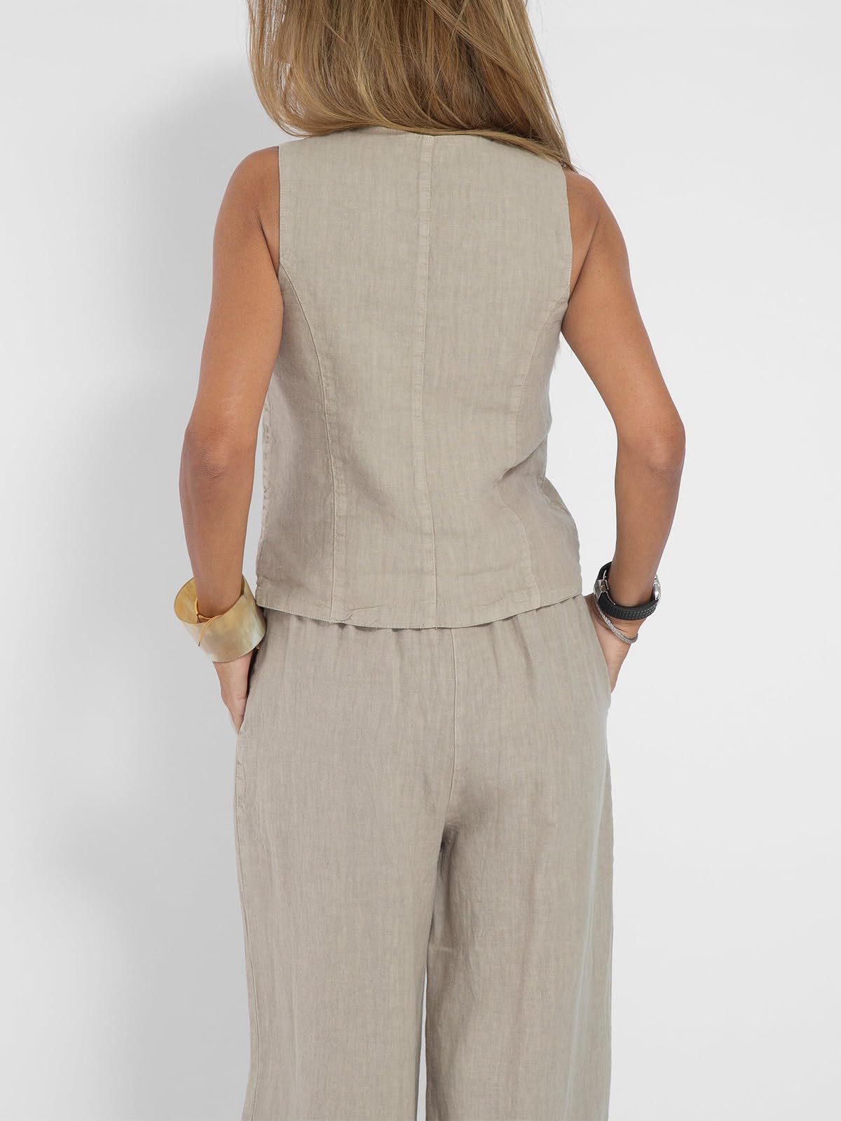 Hesaco Linen Set for Women - 2 Piece Outfits Button Down V Neck Sleeveless Top High Waisted Wide Leg Pants Matching Set
