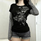 Hesaco Womens Y2k Grunge Teen Girls Tee 2000s Clothes Long Sleeve Emo Goth Top Vintage Graphic Tees