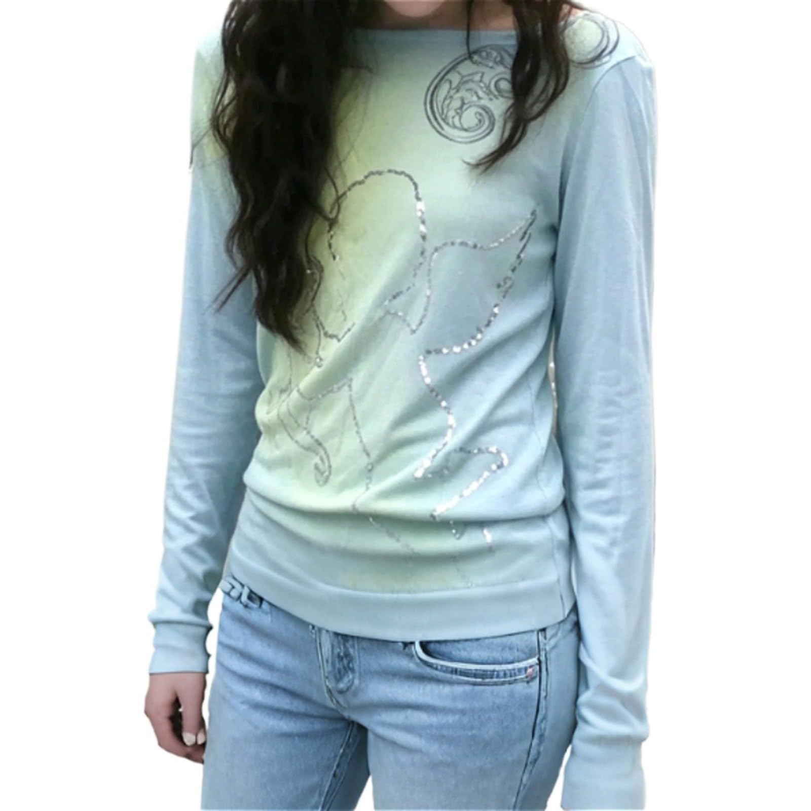 Hesaco Graphic T Shirts for Women Y2k Kawaii Tee Long Sleeve Emo Tops Teen Girls 2000s Clothes Harajuku Cute Fairy Tops