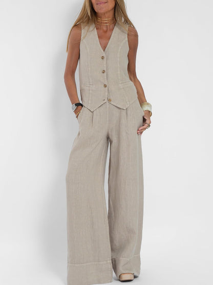 Hesaco Linen Set for Women - 2 Piece Outfits Button Down V Neck Sleeveless Top High Waisted Wide Leg Pants Matching Set