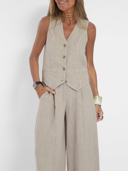 Hesaco Linen Set for Women - 2 Piece Outfits Button Down V Neck Sleeveless Top High Waisted Wide Leg Pants Matching Set