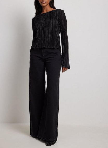 Hesaco Shirts for Women - Long Sleeve Crop Top Loose Fitted Crewneck Tops Tie Top Bell Sleeves Top Casual Y2k Outfits Clothes