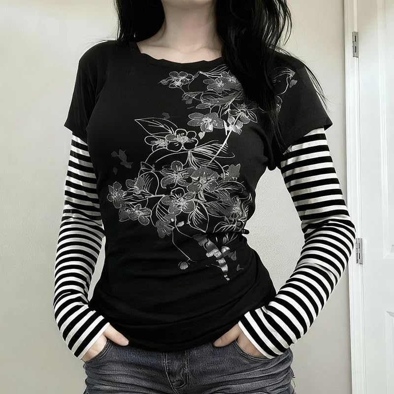 Hesaco Womens Y2k Grunge Teen Girls Tee 2000s Clothes Long Sleeve Emo Goth Top Vintage Graphic Tees