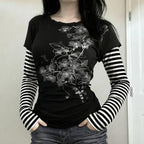Hesaco Womens Y2k Grunge Teen Girls Tee 2000s Clothes Long Sleeve Emo Goth Top Vintage Graphic Tees