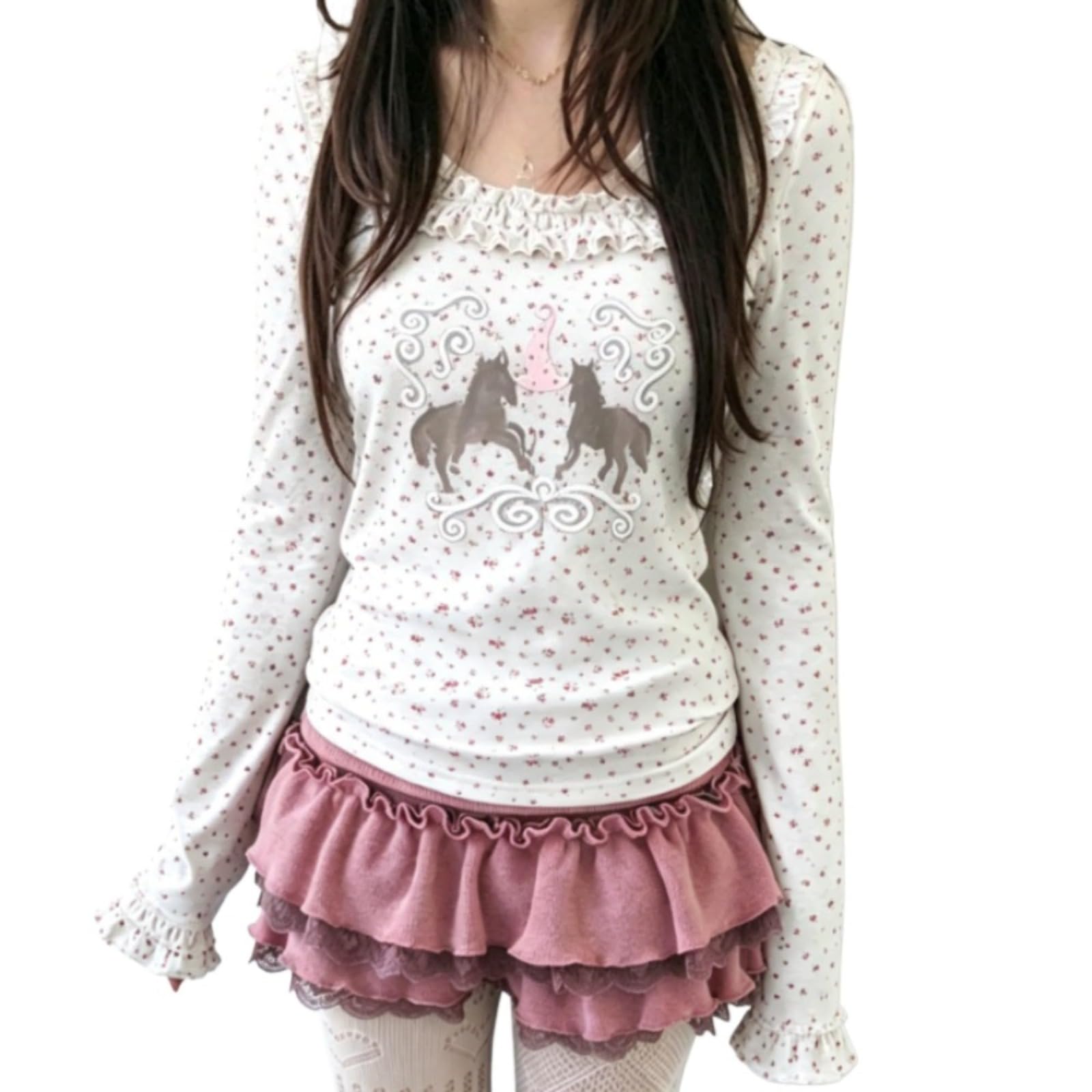 Hesaco Graphic T Shirts for Women Y2k Kawaii Tee Long Sleeve Emo Tops Teen Girls 2000s Clothes Harajuku Cute Fairy Tops