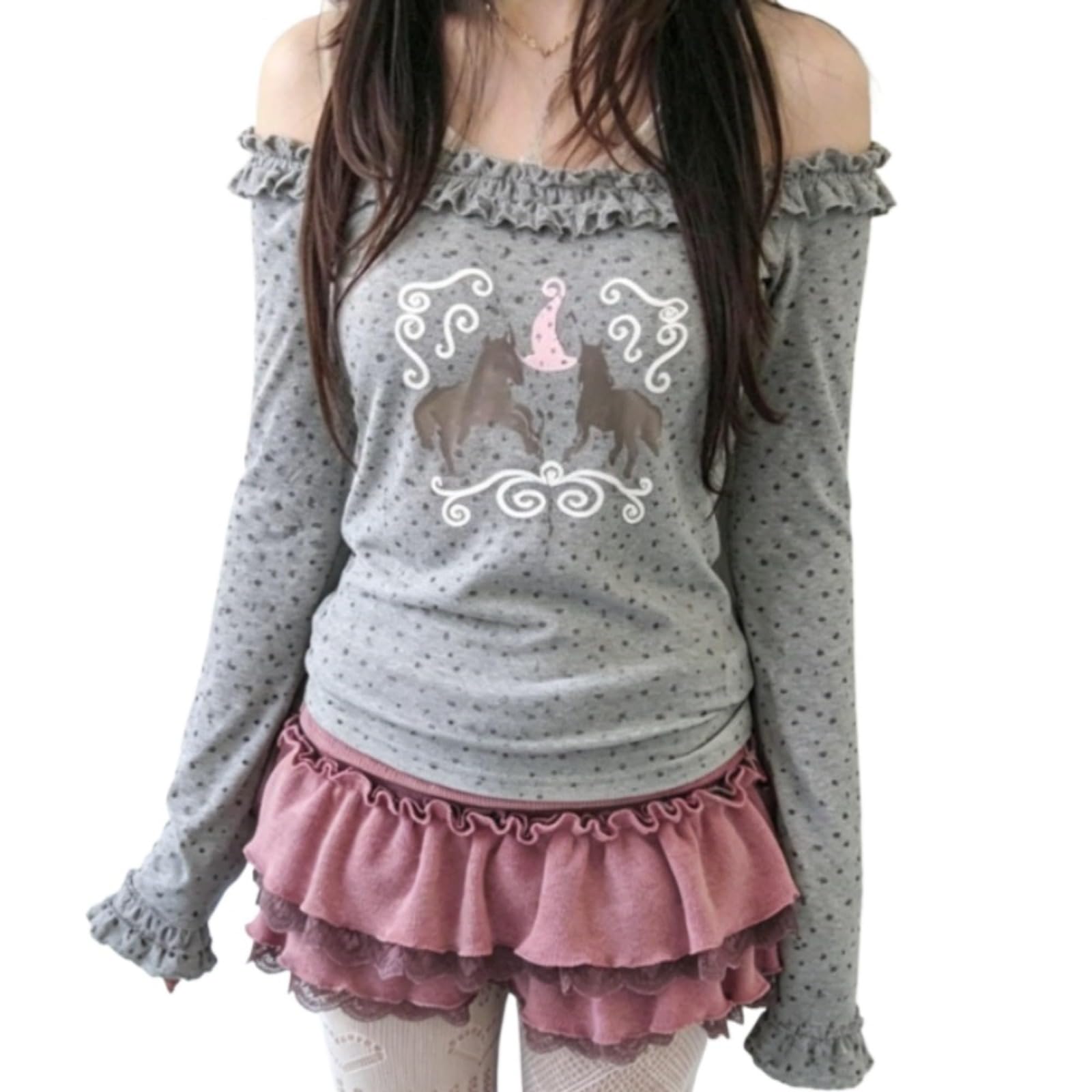 Hesaco Graphic T Shirts for Women Y2k Kawaii Tee Long Sleeve Emo Tops Teen Girls 2000s Clothes Harajuku Cute Fairy Tops