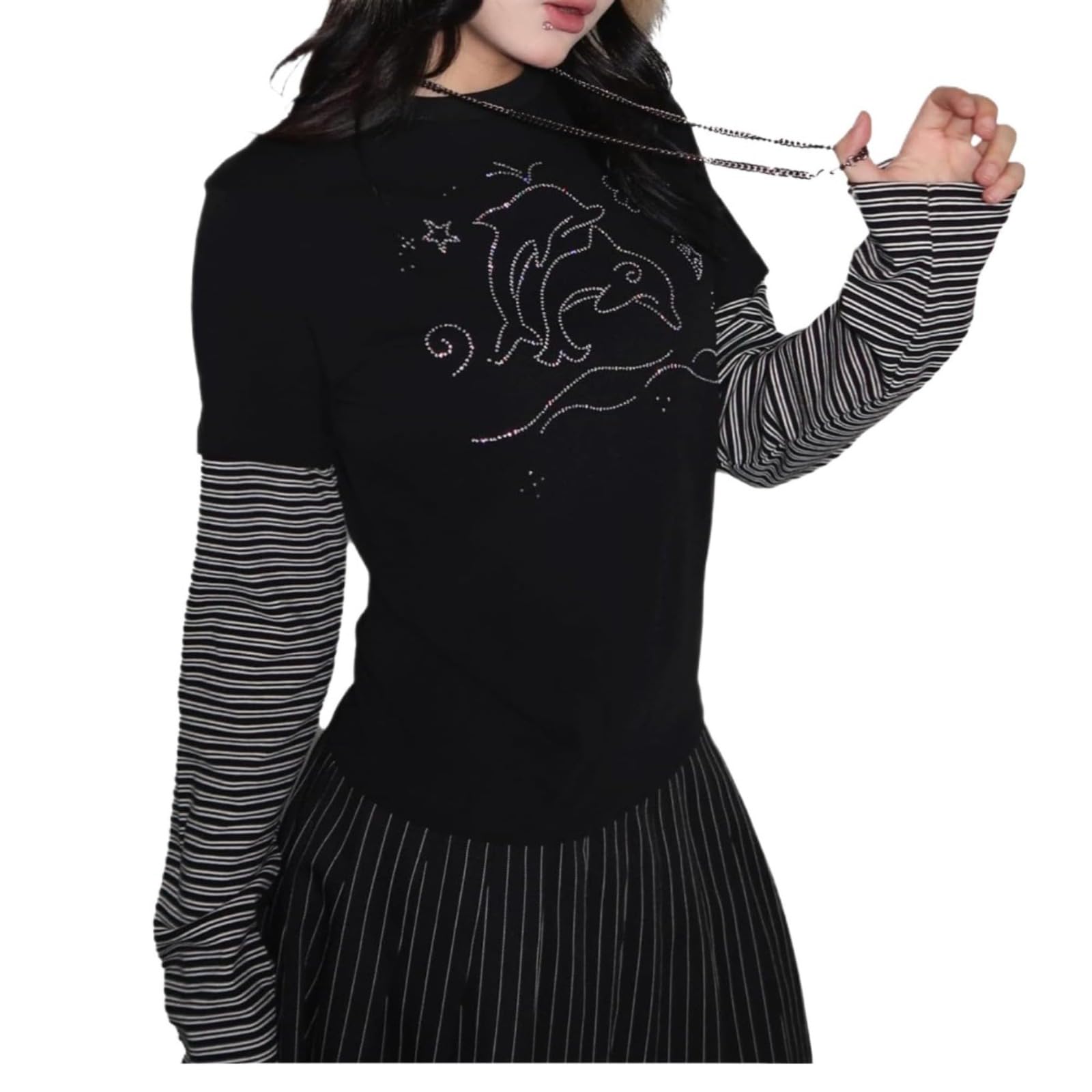 Hesaco Womens Y2k Grunge Teen Girls Tee 2000s Clothes Long Sleeve Emo Goth Top Vintage Graphic Tees