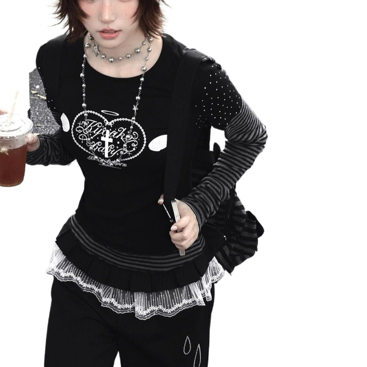 Hesaco Womens Y2k Grunge Teen Girls Tee 2000s Clothes Long Sleeve Emo Goth Top Vintage Graphic Tees
