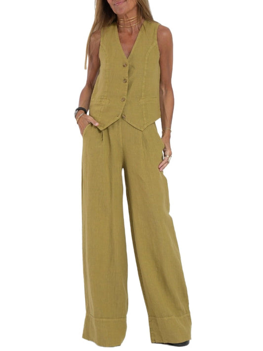 Hesaco Linen Set for Women - 2 Piece Outfits Button Down V Neck Sleeveless Top High Waisted Wide Leg Pants Matching Set