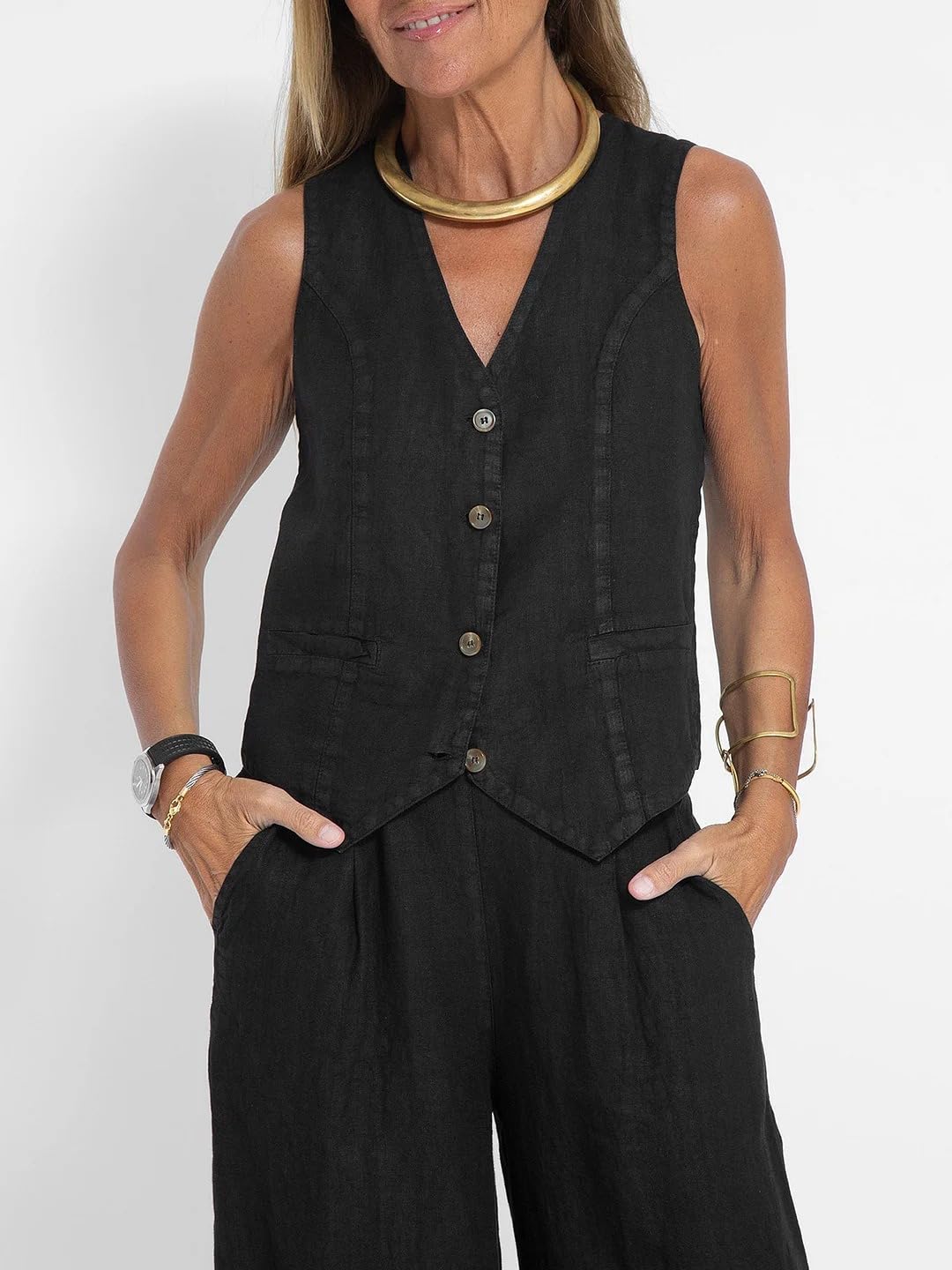 Hesaco Linen Set for Women - 2 Piece Outfits Button Down V Neck Sleeveless Top High Waisted Wide Leg Pants Matching Set